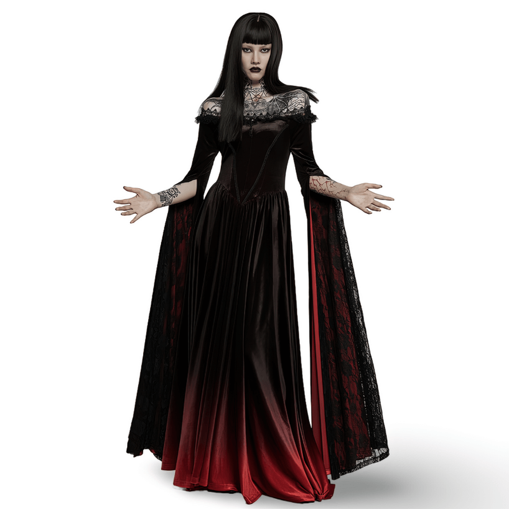 Elegant Gothic Velvet Off-Shoulder Dress with Red Gradient and Lace Sleeves for a Medieval look.
