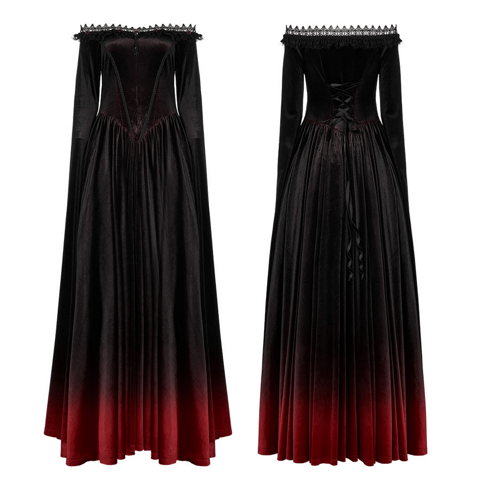 Gothic off-shoulder velvet gown with a red gradient, featuring elegant lace details and a flowing silhouette.