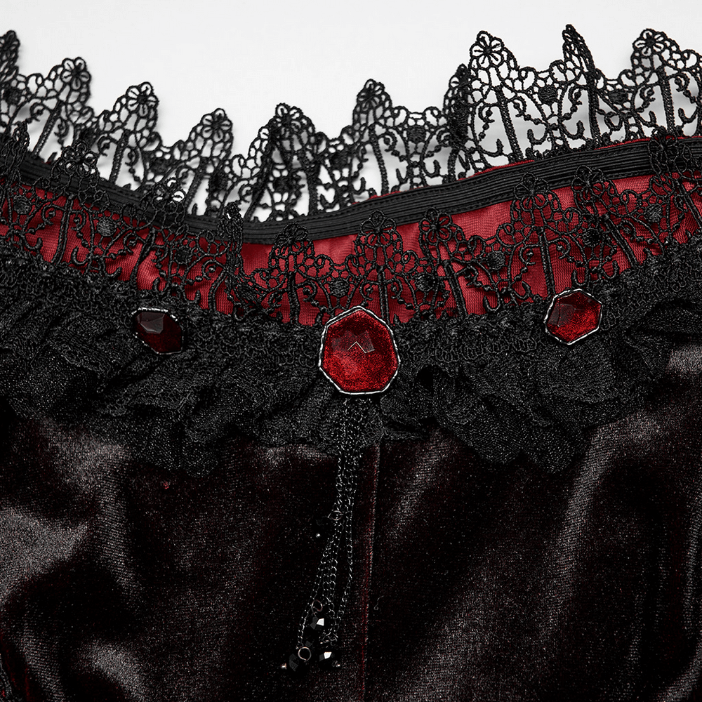 Intricate lace and embellishments on the neckline of a Velvet Off-Shoulder Red Gradient Medieval Dress.