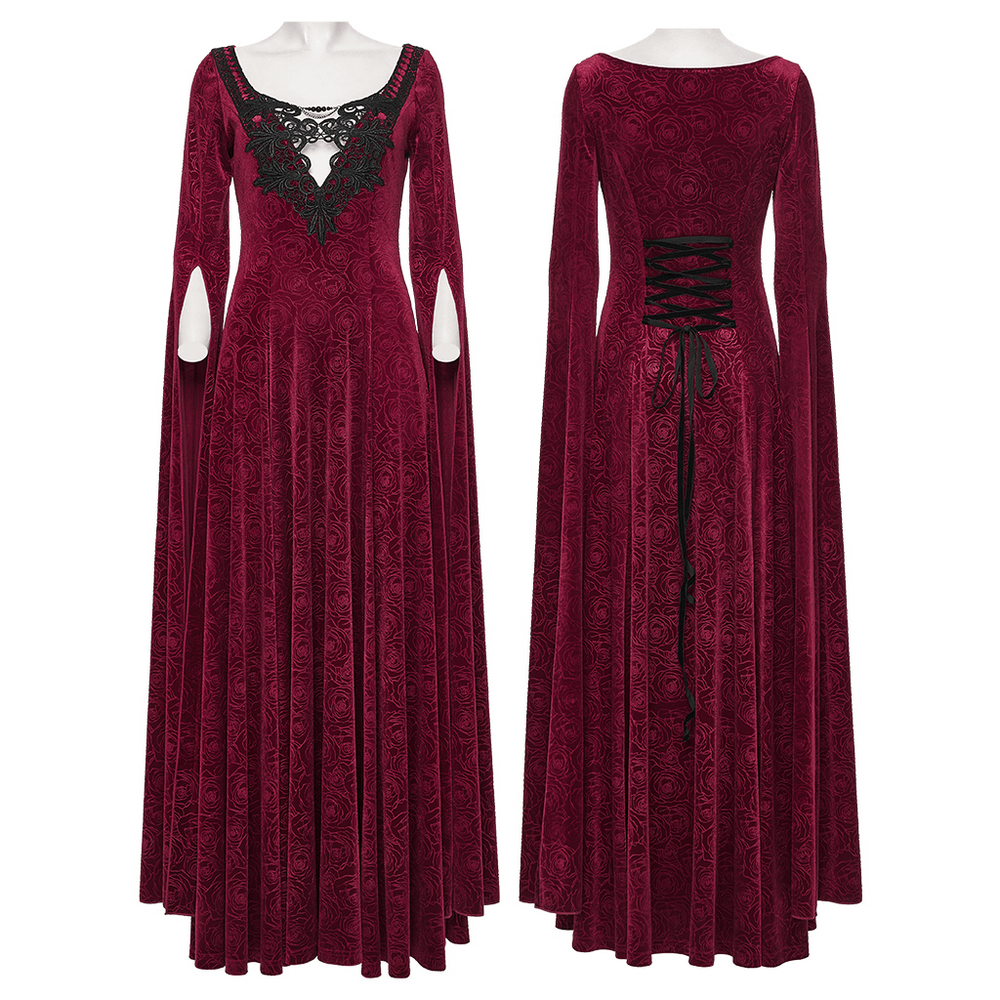 Velvet Rose Gothic Maxi Dress with Flowing Sleeves featuring elegant lace details and flowing water sleeves.