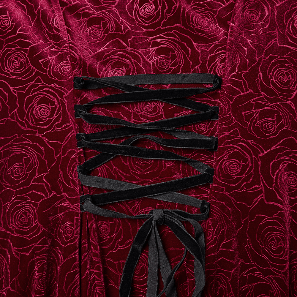 Close-up of the lace-up detail on the Velvet Rose Gothic Maxi Dress with Flowing Sleeves, showcasing elegant rose pattern.