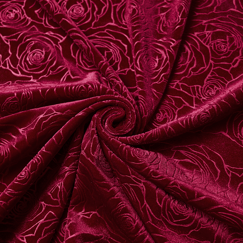 Velvet Rose Gothic Maxi Dress with Flowing Sleeves fabric close-up showcasing rose pattern in rich burgundy.