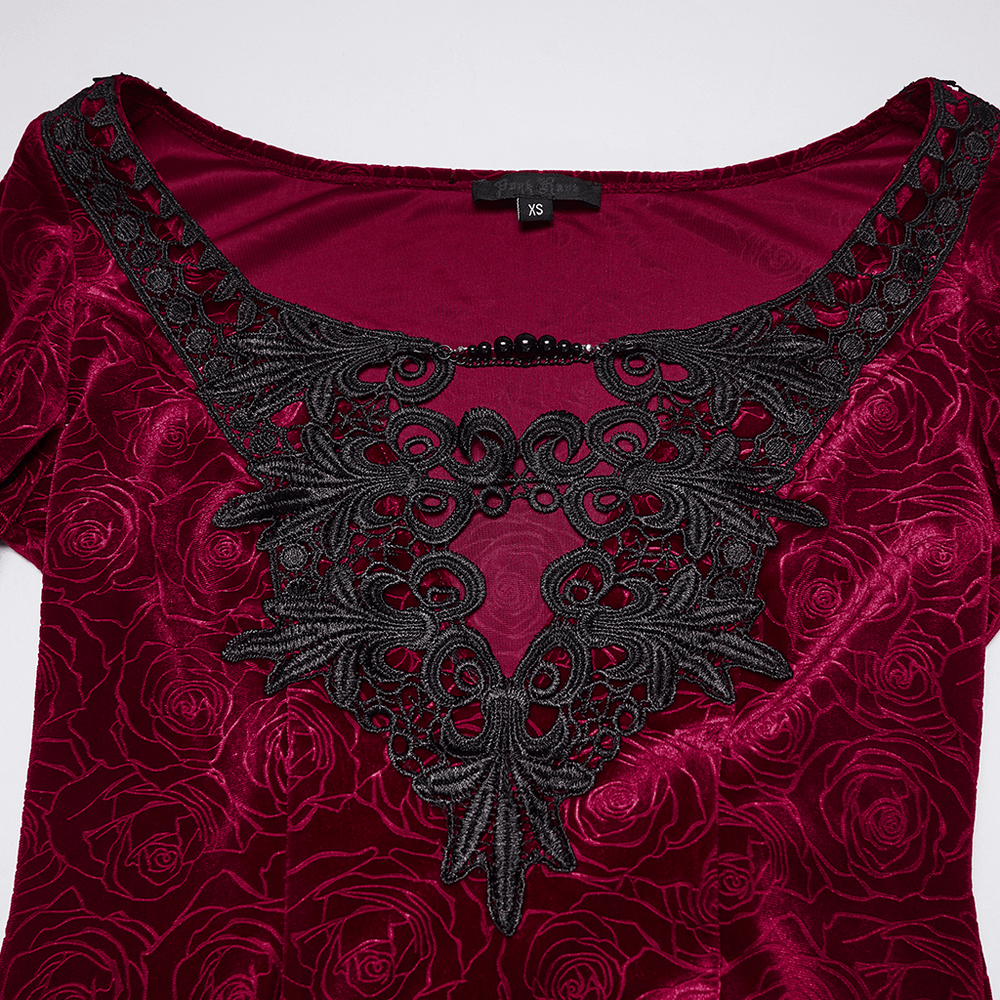 Velvet Rose Gothic Maxi Dress with Flowing Sleeves featuring intricate lace appliqués and stretch rose velvet.