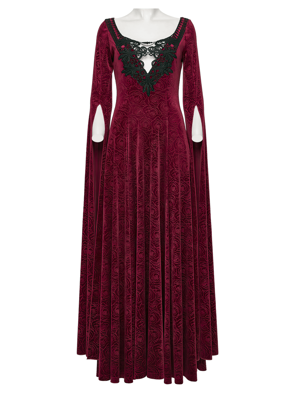 Velvet Rose Gothic Maxi Dress with Flowing Sleeves featuring lace details and elegant flowing sleeves.