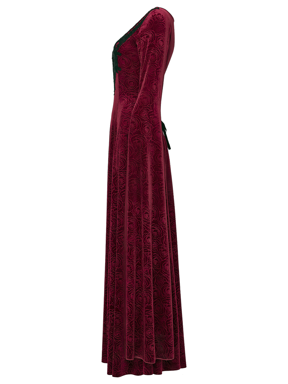 Elegant Velvet Rose Gothic Maxi Dress with Flowing Sleeves showcasing a deep neckline and flowing design.