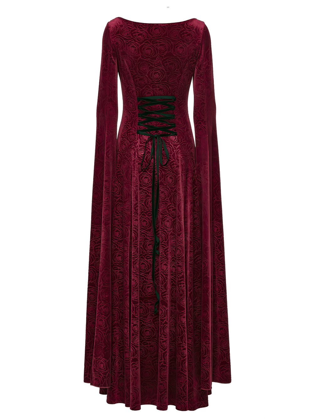 Velvet Rose Gothic Maxi Dress with Flowing Sleeves showcasing elegant lace details and flowing water sleeves.