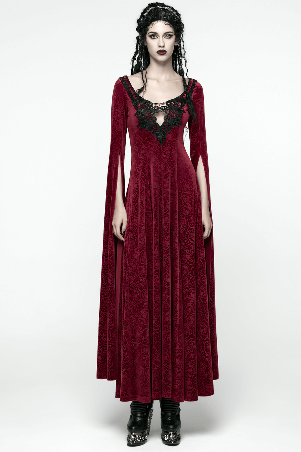 Velvet Rose Gothic Maxi Dress with Flowing Sleeves featuring lace details and a flowing silhouette.