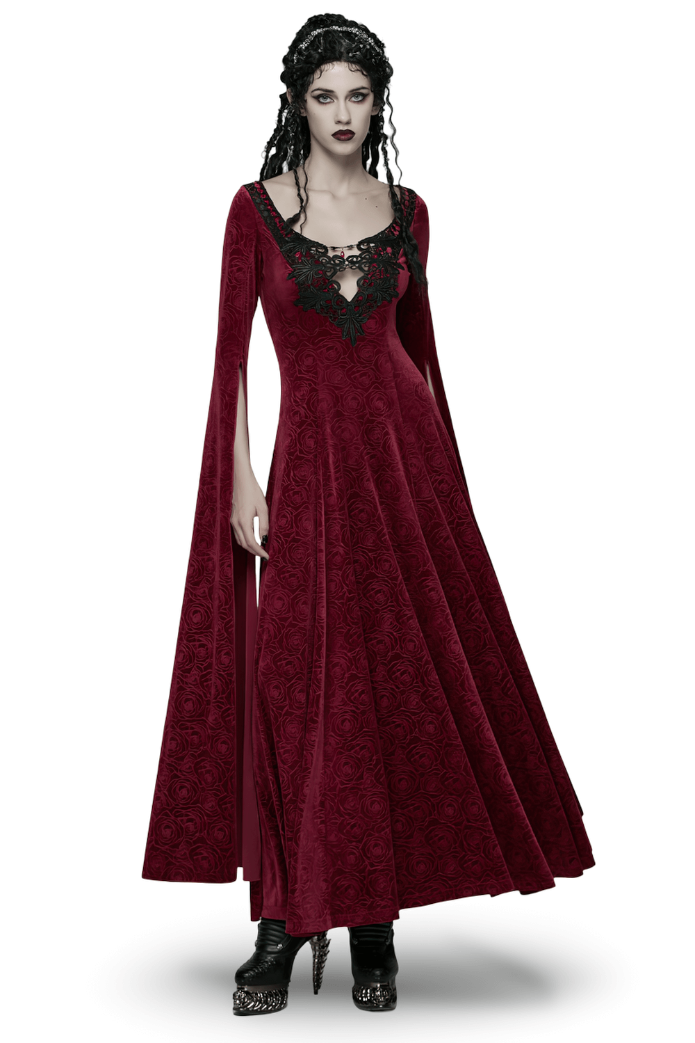 Elegant Velvet Rose Gothic Maxi Dress with Flowing Sleeves featuring lace details and flowing sleeves.