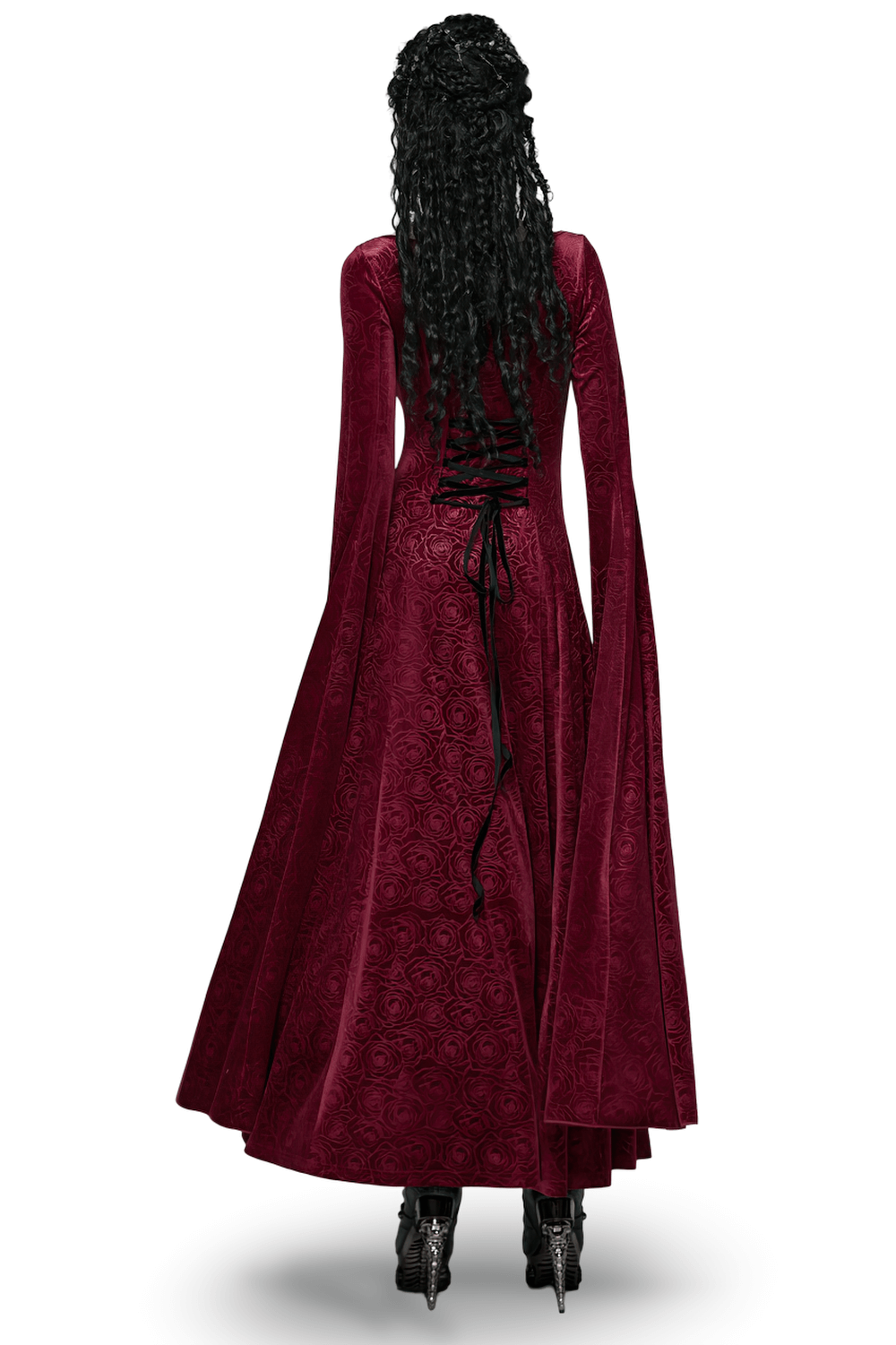 Velvet Rose Gothic Maxi Dress with Flowing Sleeves, showcasing elegant flowing sleeves and lace-up back detail.
