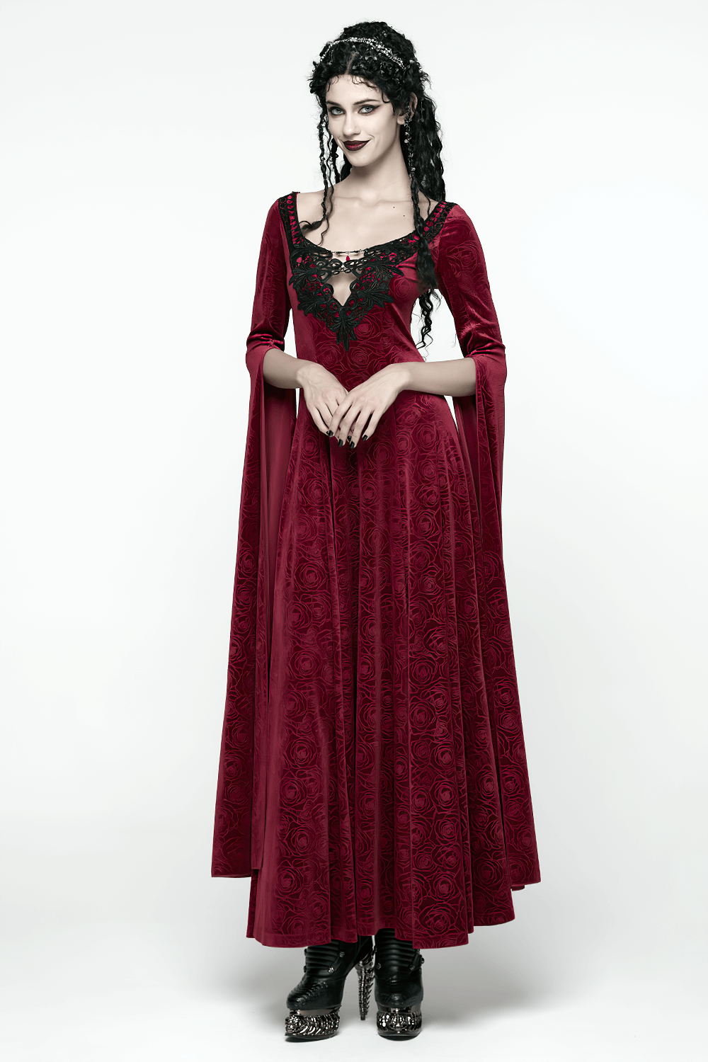 Velvet Rose Gothic Maxi Dress with Flowing Sleeves featuring lace details and flowing sleeves.