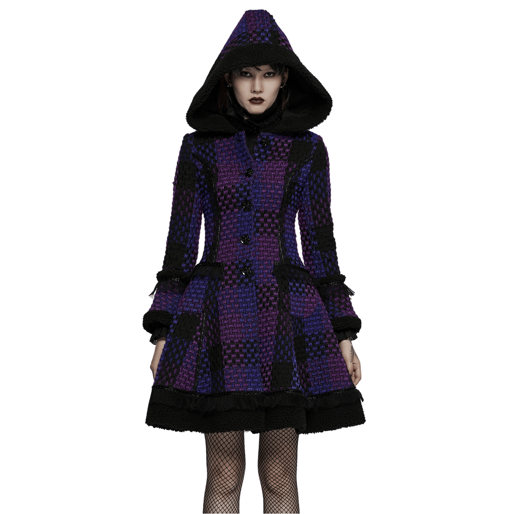 Velvet Spliced Lolita Hooded Medium Long Coat for Women - HARD'N'HEAVY