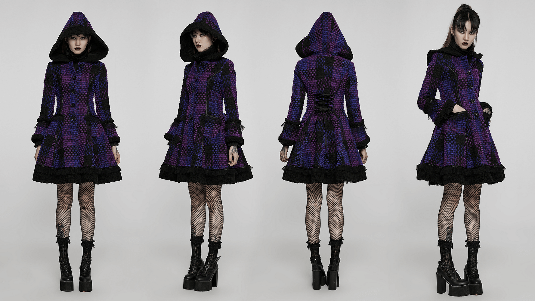 Velvet Spliced Lolita Hooded Medium Long Coat for Women - HARD'N'HEAVY