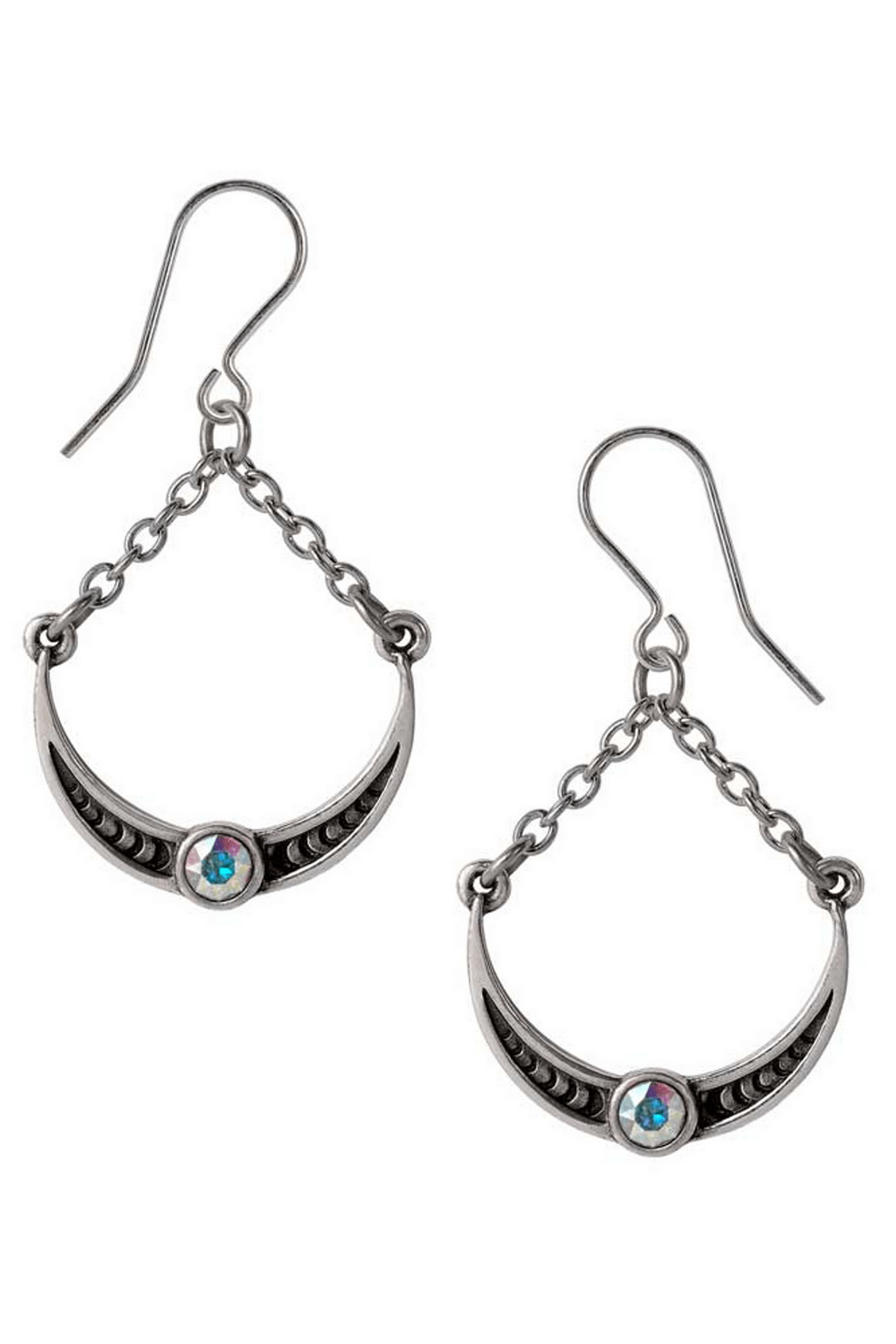 Venus Crescent Moon Earrings with Austrian crystal drop, showcasing mystical design and celestial charm.