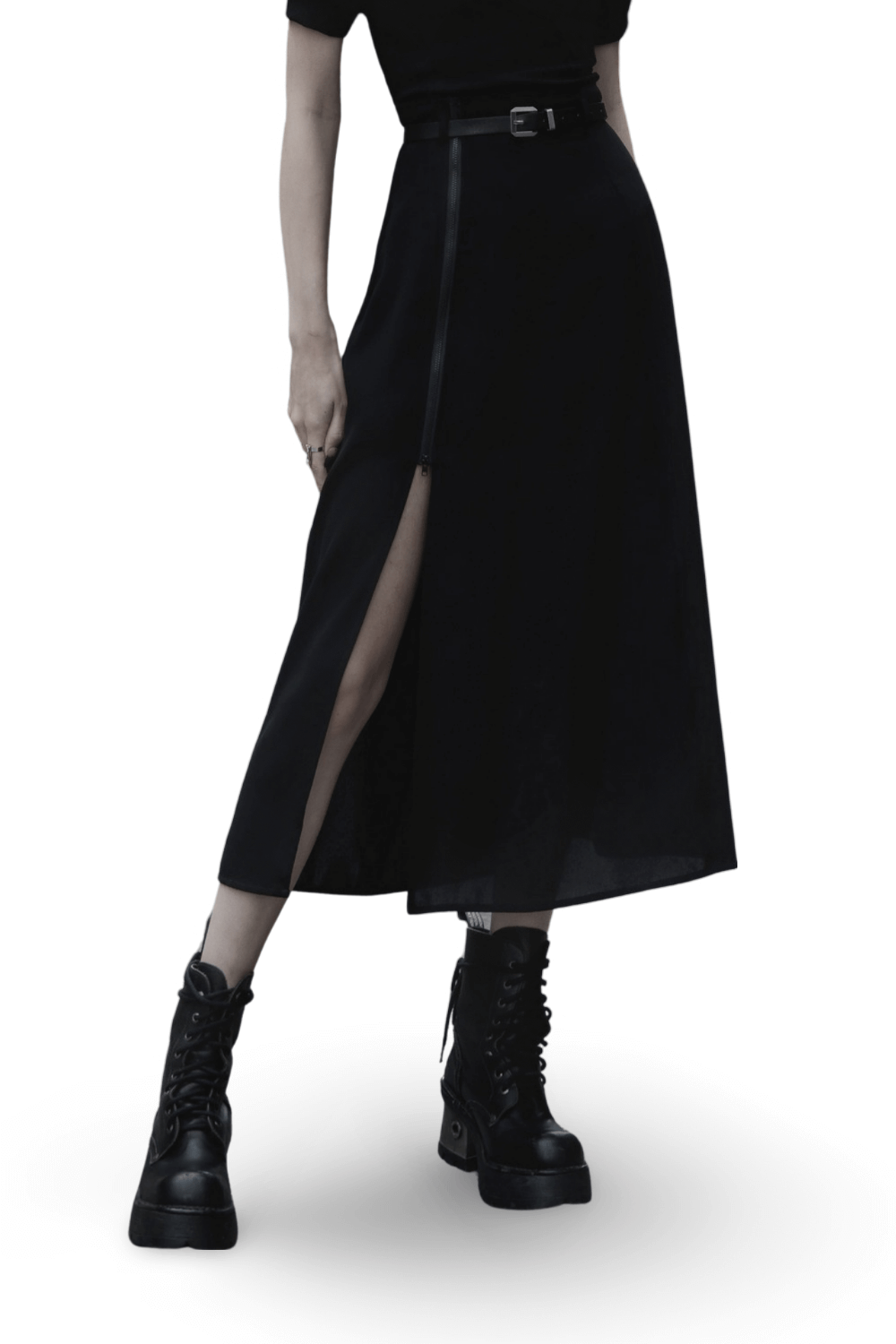 Elegant black A-line midi skirt with side zipper detail and a stylish detachable belt.
