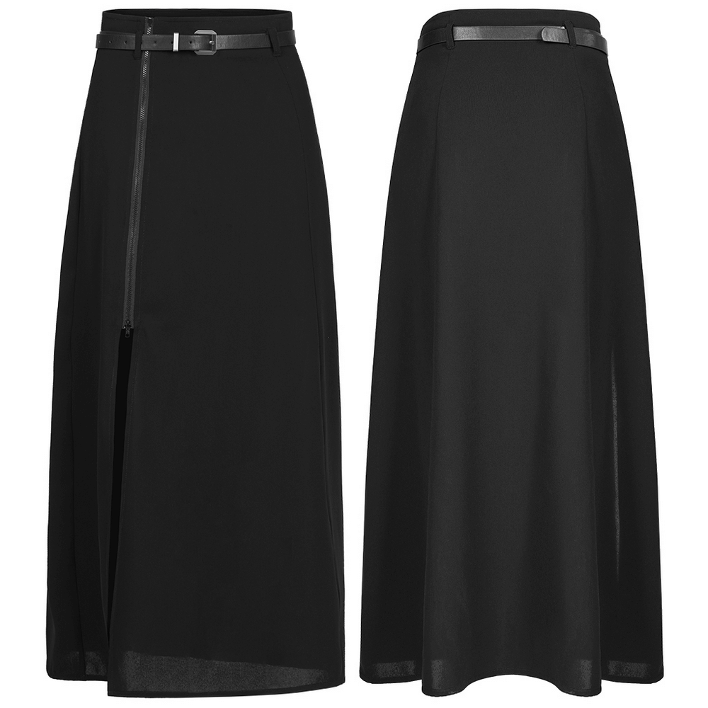 Elegant black A-line midi skirt with side zipper and detachable belt for versatile styling.