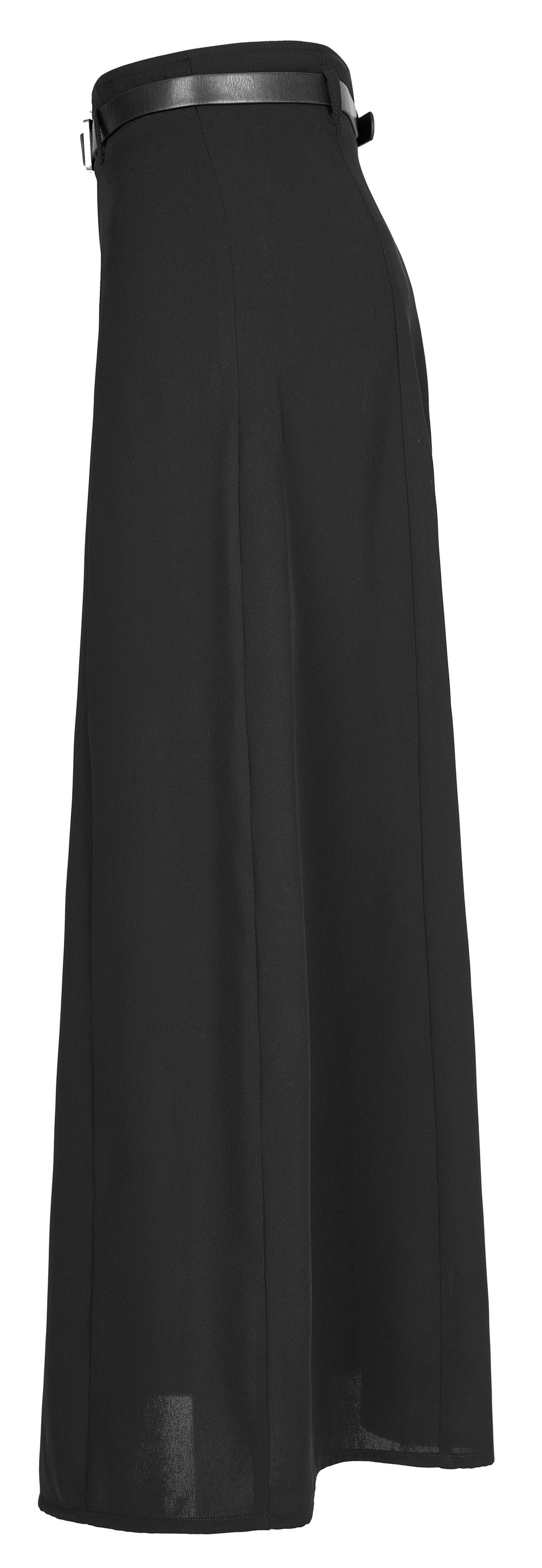Elegant A-Line midi skirt in black with side zipper and detachable belt for versatile styling.