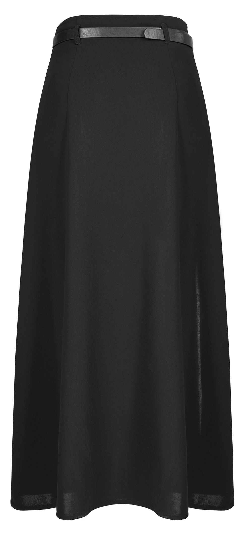 Elegant black A-Line midi skirt featuring a side zipper and detachable belt for versatile styling options.