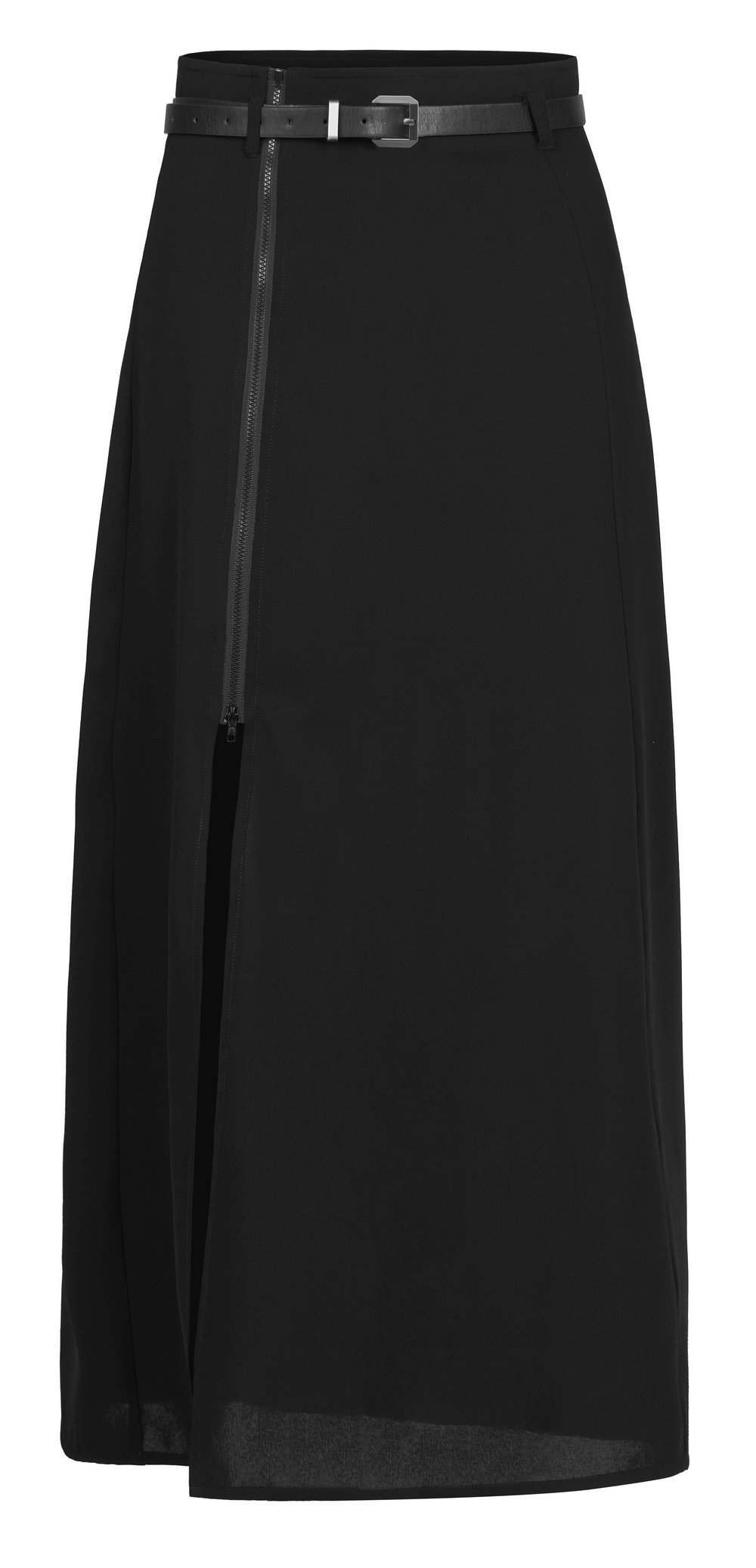 Elegant black A-line midi skirt with side zipper and detachable belt for versatile styling.