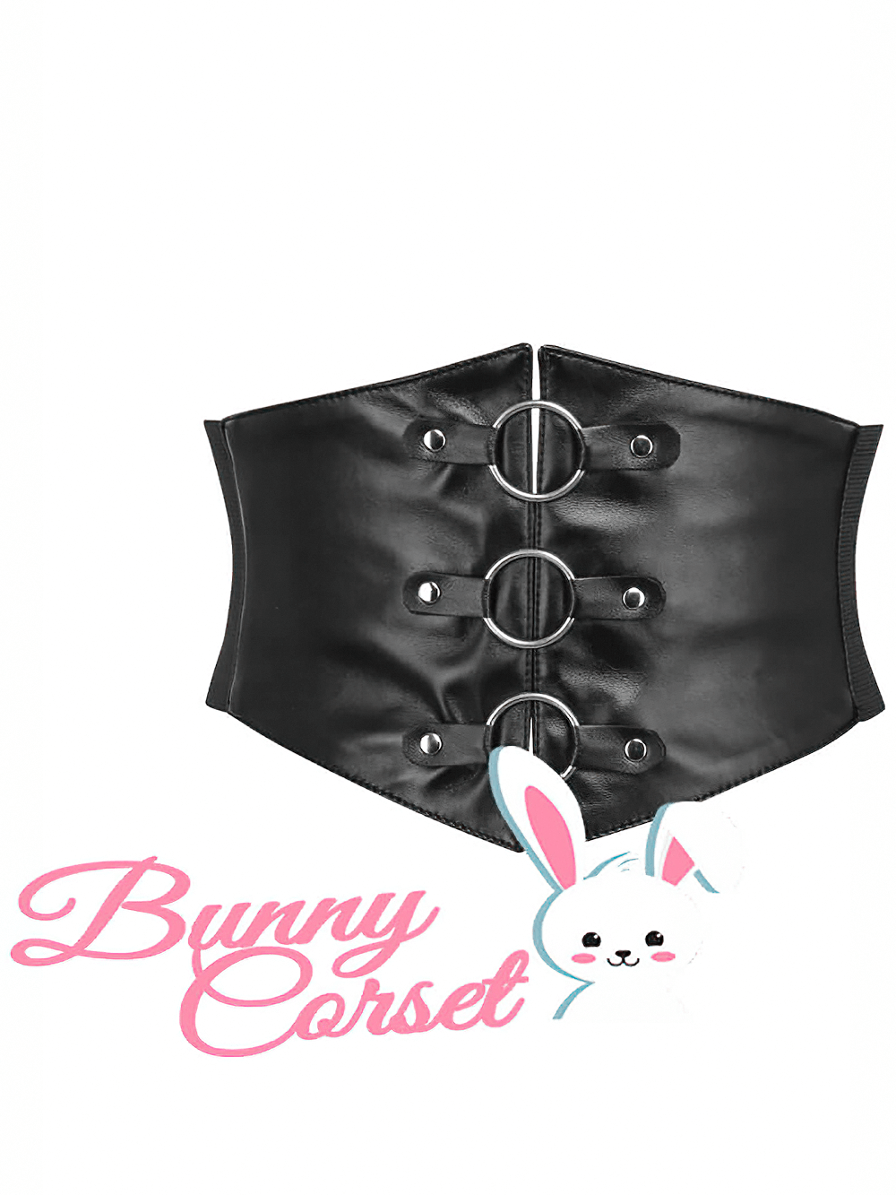 Versatile black faux leather corset belt with metal rings for stylish silhouette and back support.