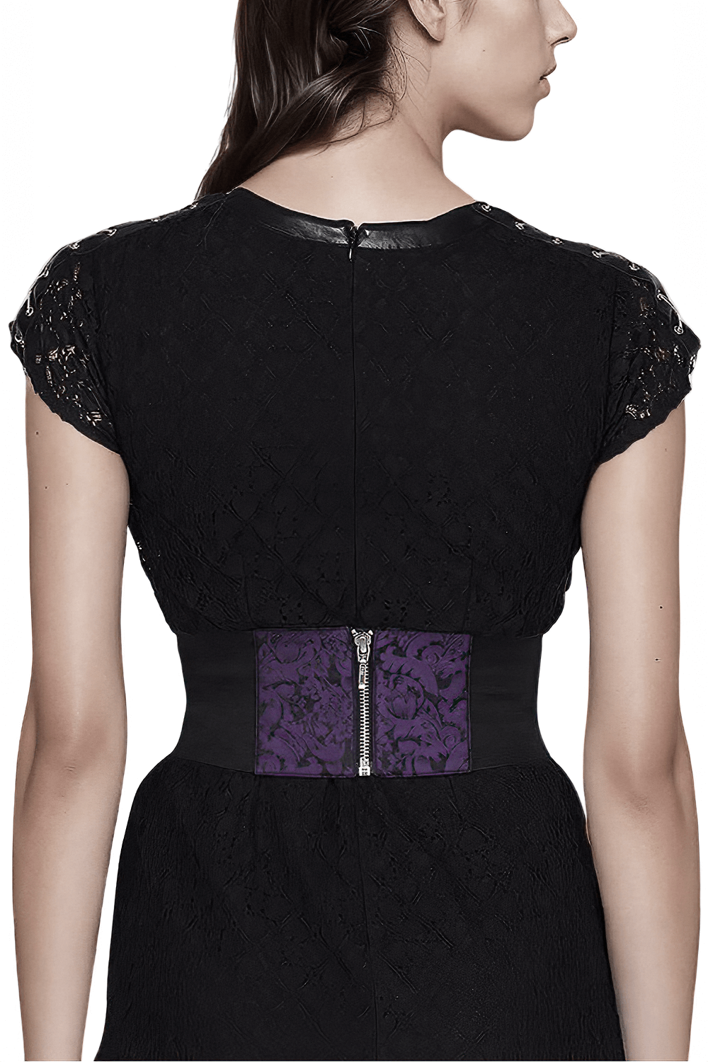 Back view of a woman wearing a black dress with a purple waist-cinching corset belt for style and support.