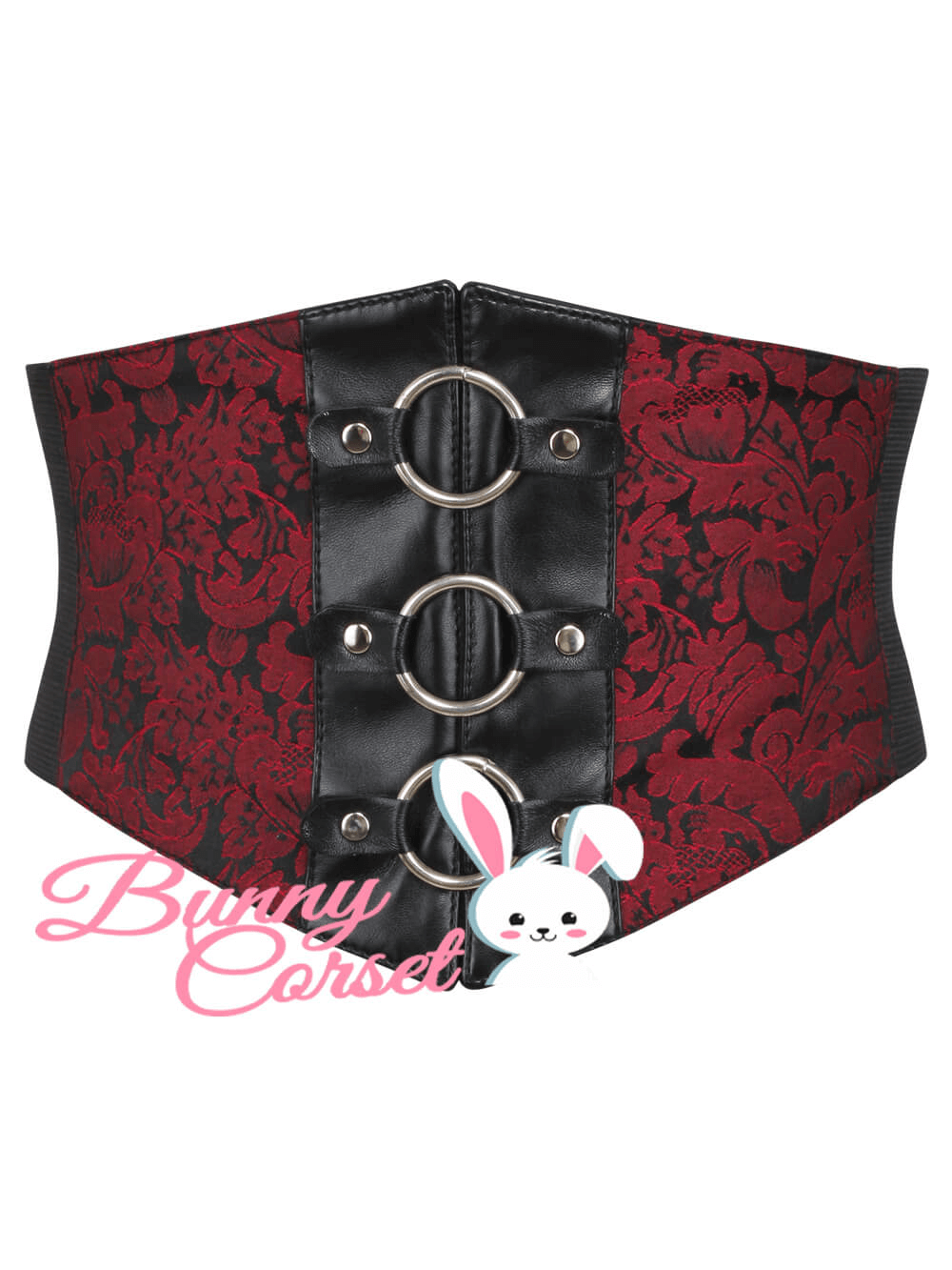 Chic red and black corset belt with stylish rings for a flattering silhouette and posture support.