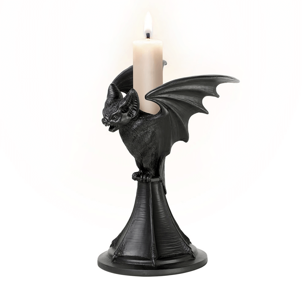 Vespertilio Bat Candle Holder in black resin, perfect for gothic and occult decor with a dramatic bat design.