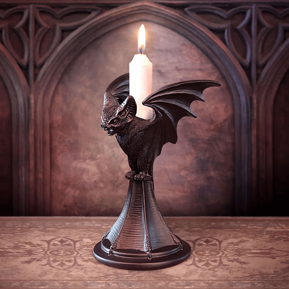 Vespertilio Bat Candle Holder with candle, perfect for gothic decor and dark elegance.