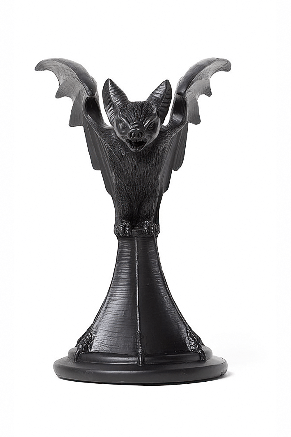 Vespertilio Bat Candlestick Holder in black resin for gothic and occult decor, showcasing a bat in mid-flight.
