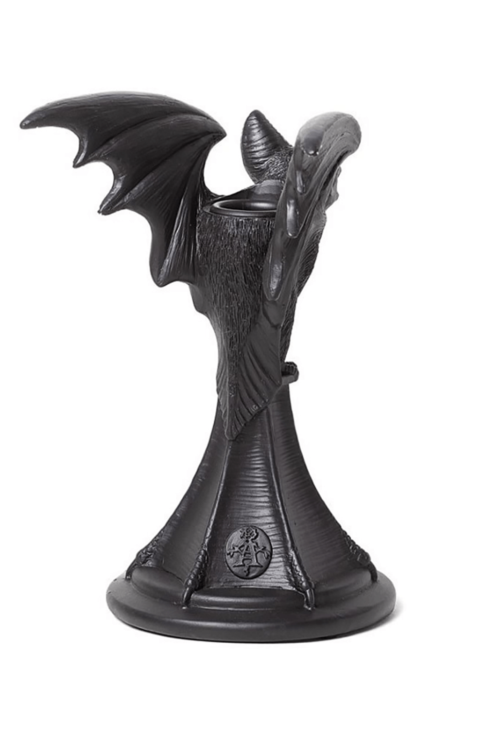 Vespertilio Bat Candle Holder in black resin for gothic and occult decor, featuring an intricate bat design.