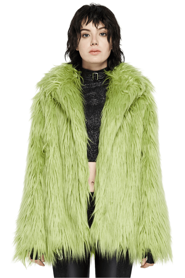 Vibrant Green Faux Fur Punk-Styled Fashion Coat
