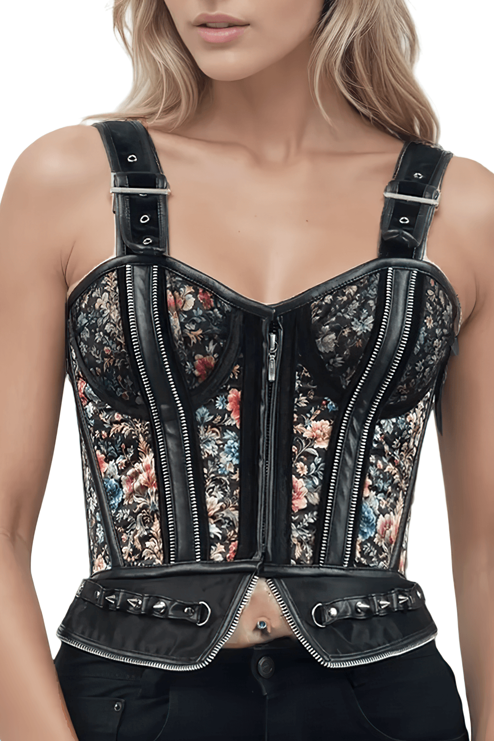 Vibrant Vintage Blooms Overbust Corset with Studs showcased on a model, featuring dark floral patterns and edgy zipper details.