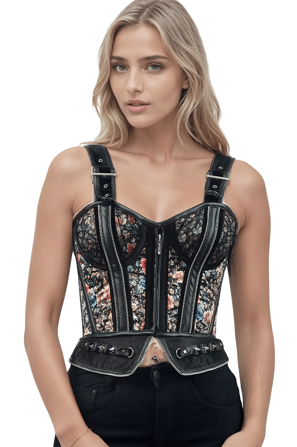 Vibrant Vintage Blooms Overbust Corset with Studs showcasing gothic floral design and faux leather details.