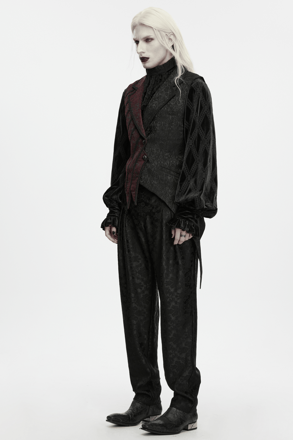 Victorian Asymmetrical Waistcoat with Diagonal Button Front on a gothic model in black and red