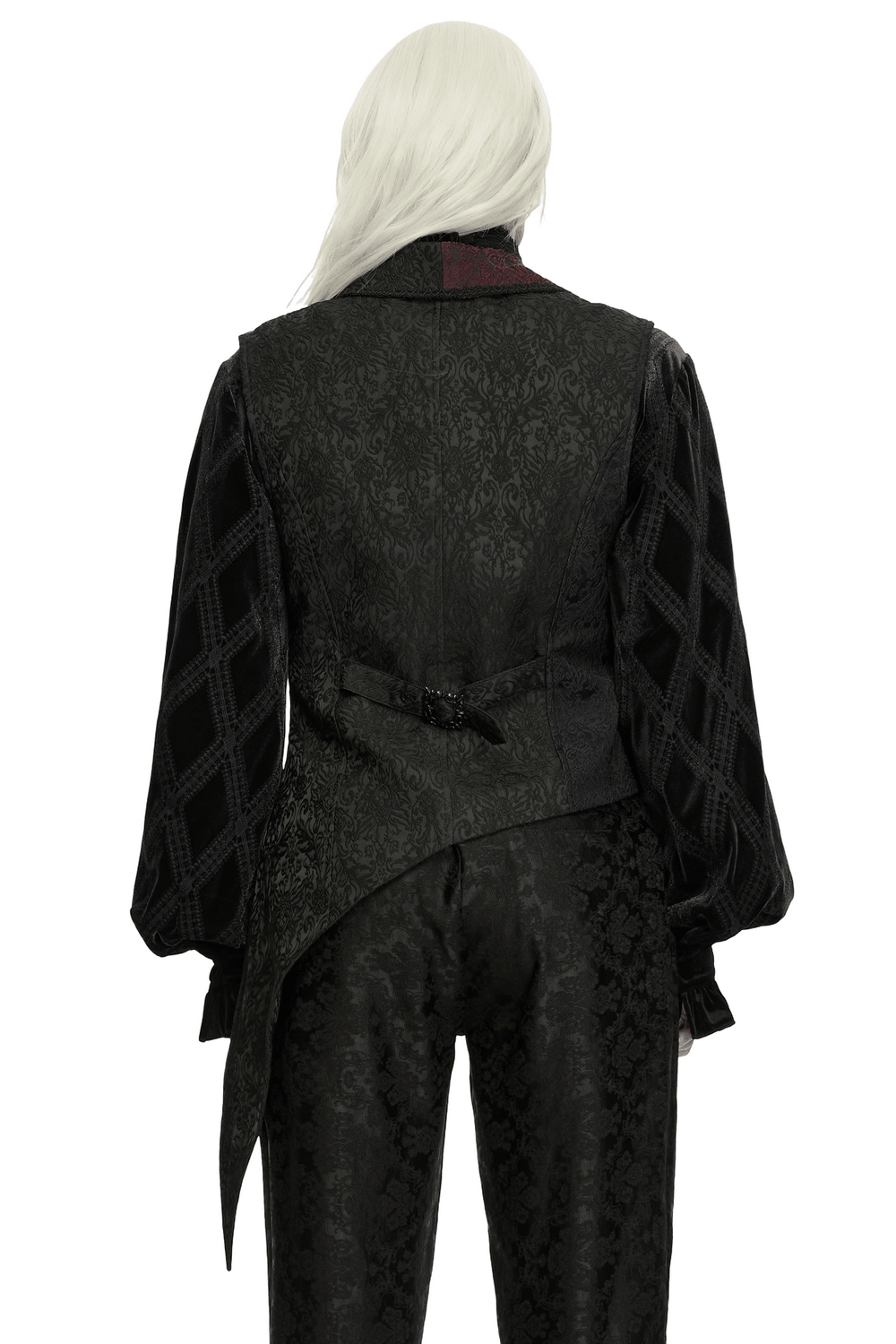 Victorian Asymmetrical Waistcoat with Diagonal Button Front in black brocade, back view with gothic tailored details