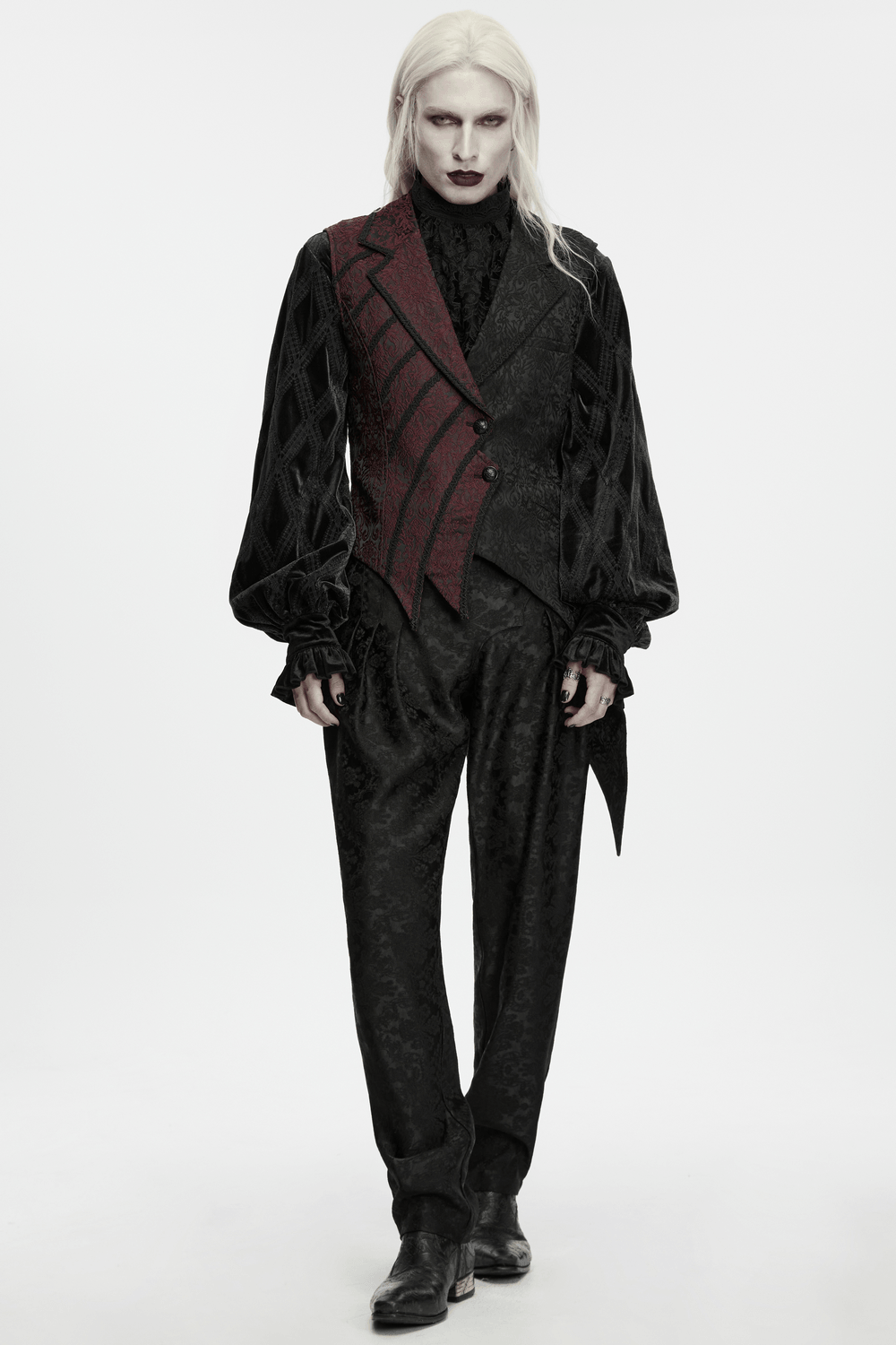 Victorian Asymmetrical Waistcoat with Diagonal Button Front, dark gothic tailored vest with red brocade accents