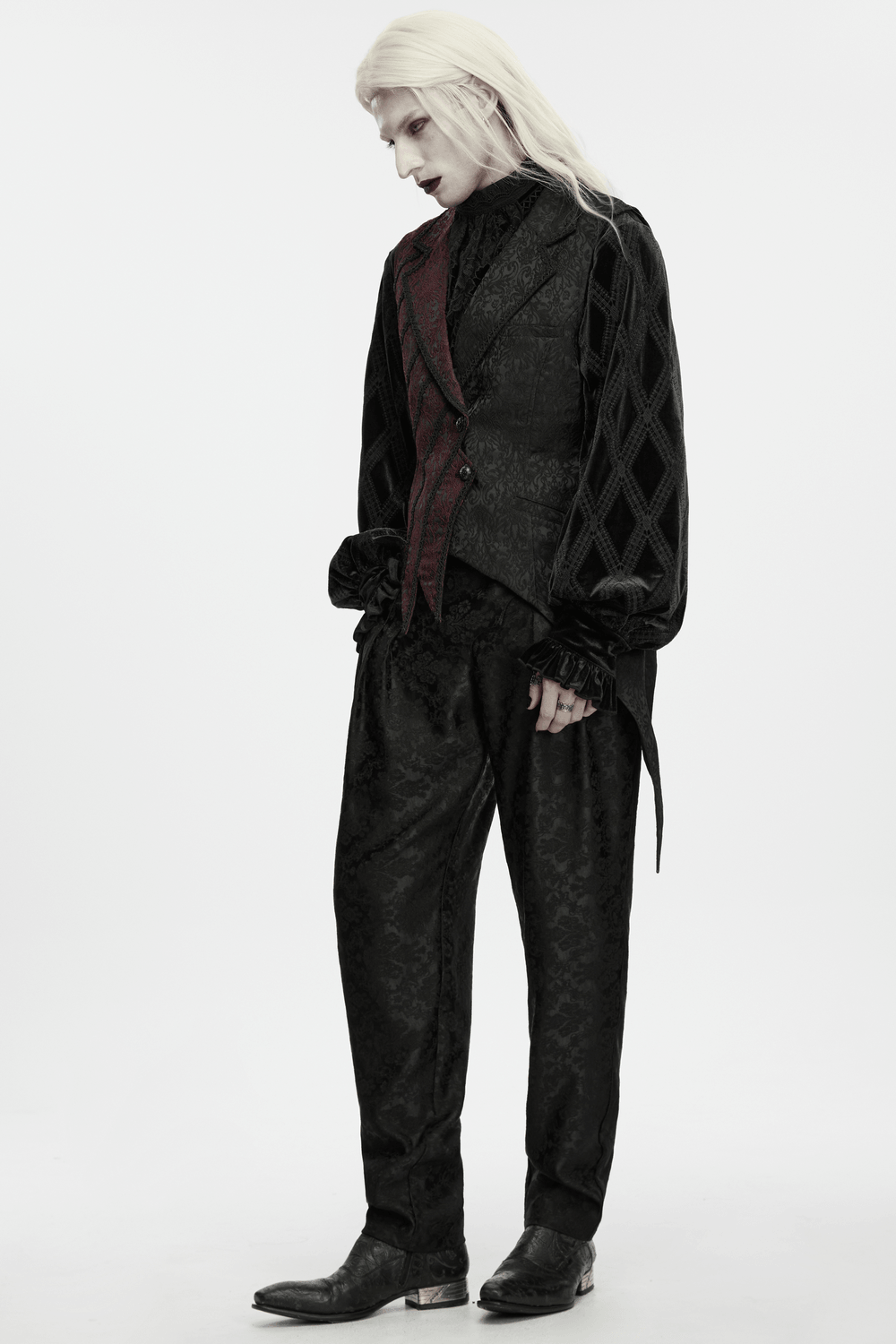 Victorian Asymmetrical Waistcoat with Diagonal Button Front, dramatic gothic black and red layered menswear