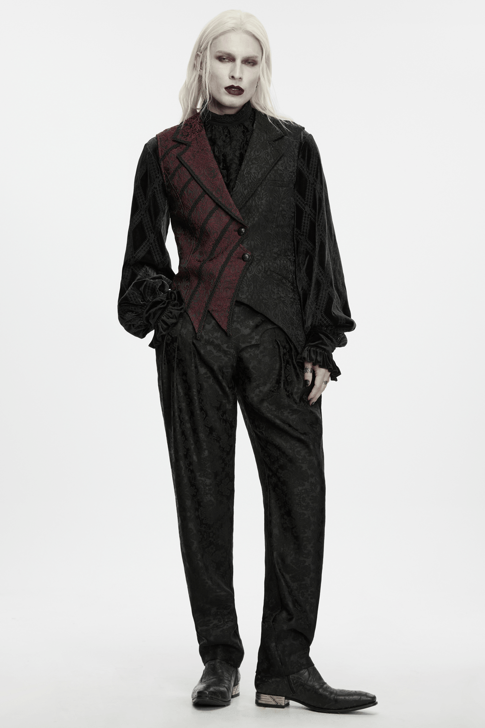 Victorian Asymmetrical Waistcoat with Diagonal Button Front, gothic black and burgundy tailored vest