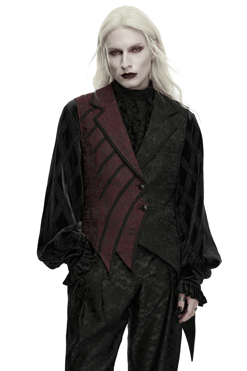 Victorian Asymmetrical Waistcoat with Diagonal Button Front in gothic red and black brocade, sharp and dramatic