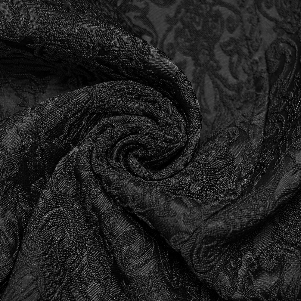 Victorian Asymmetrical Waistcoat with Diagonal Button Front black textured jacquard fabric close-up
