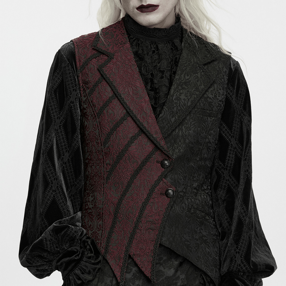 Victorian Asymmetrical Waistcoat with Diagonal Button Front in black and burgundy gothic brocade
