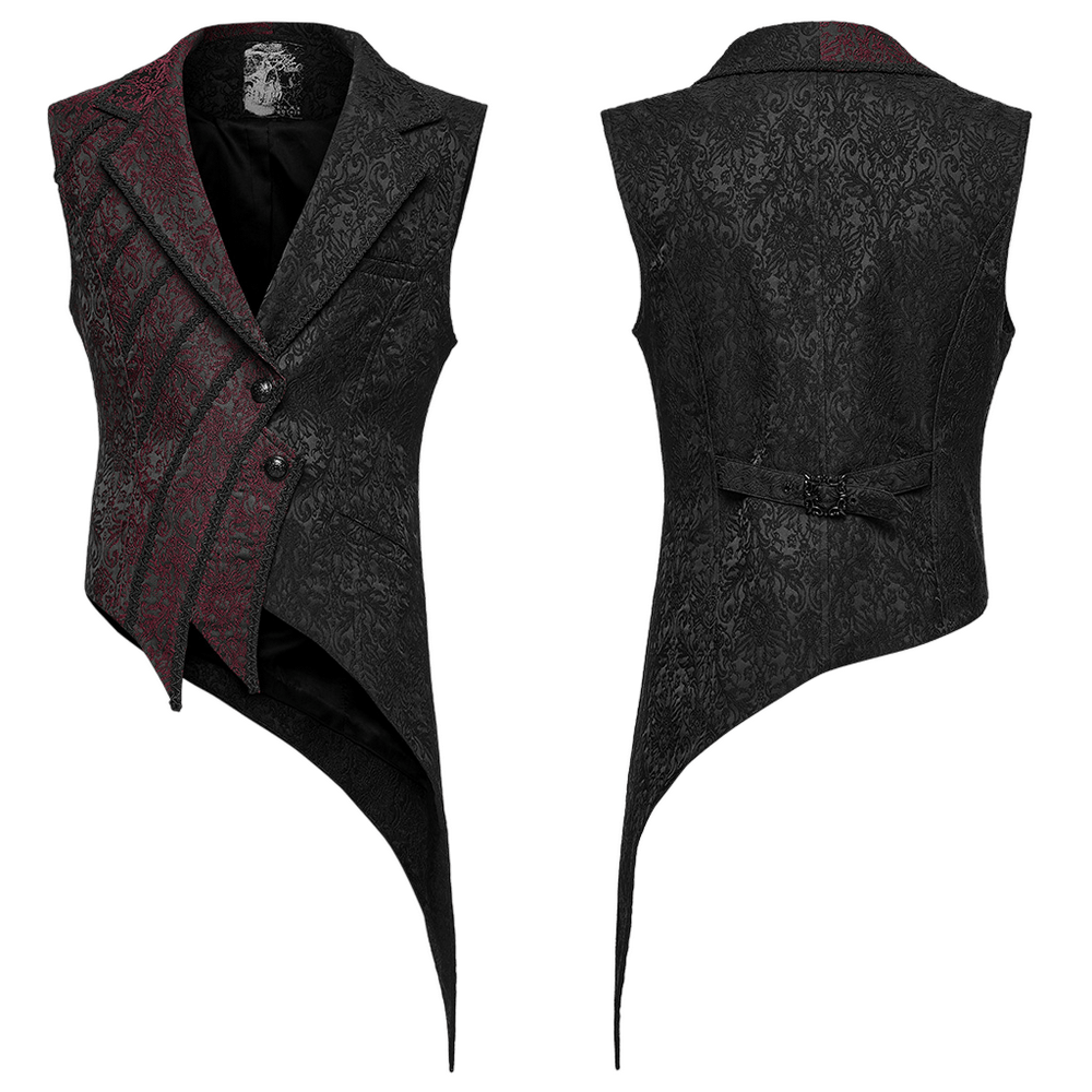 Victorian Asymmetrical Waistcoat with Diagonal Button Front black-burgundy brocade, gothic sleeveless vest with dramatic pointed hem