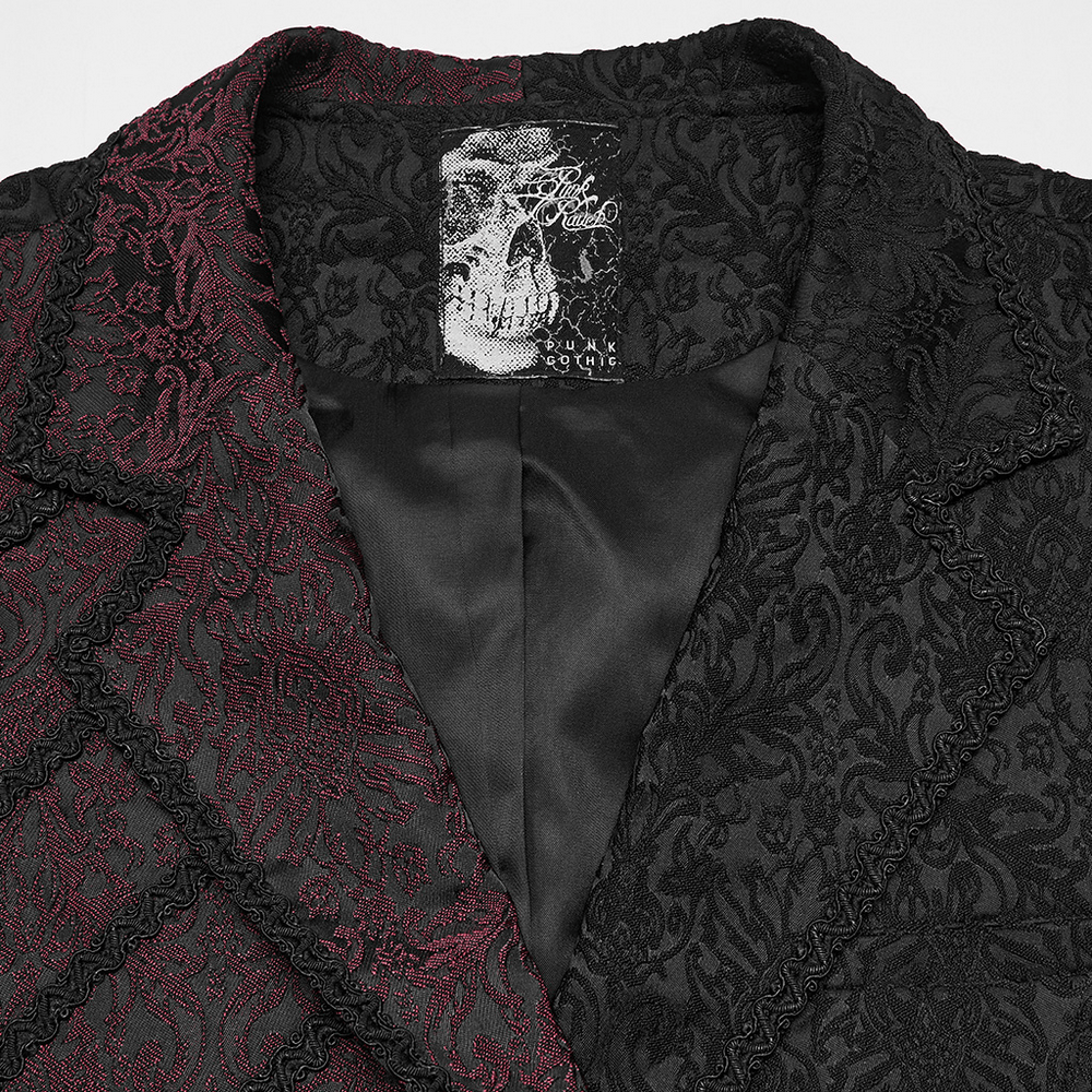 Victorian Asymmetrical Waistcoat with Diagonal Button Front, black and red gothic lace detailing