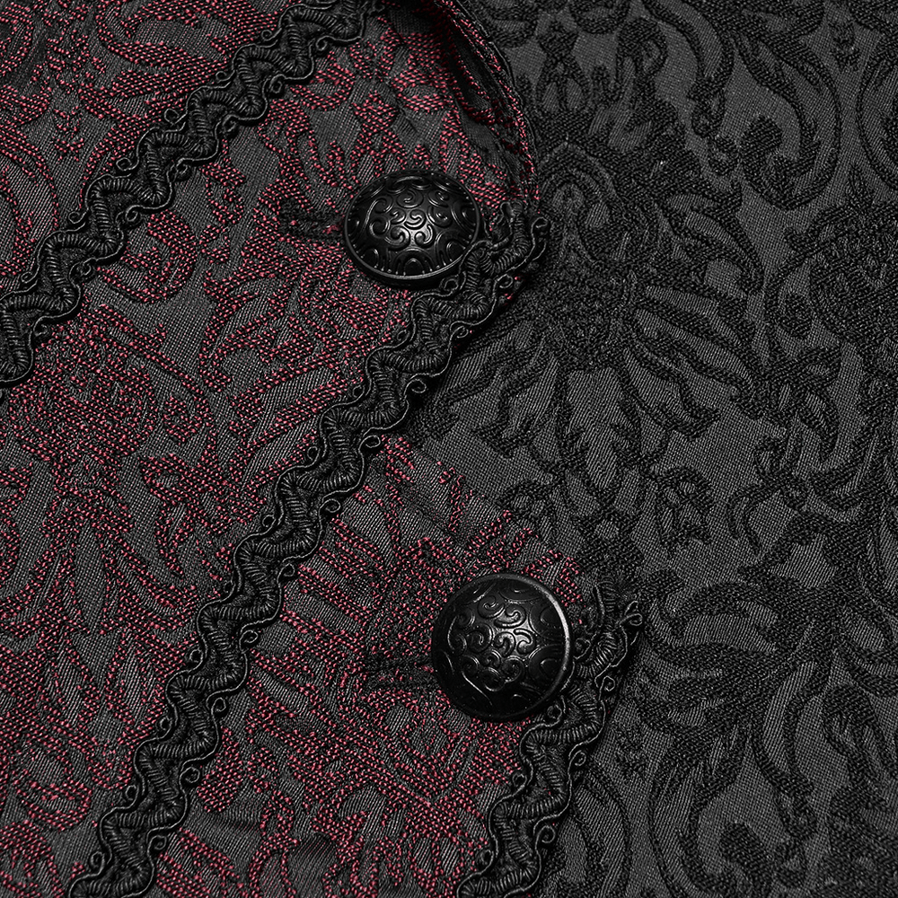 Victorian Asymmetrical Waistcoat with Diagonal Button Front, black and burgundy jacquard detail with ornate buttons