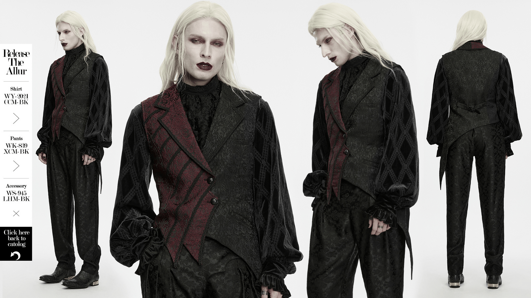 Victorian Asymmetrical Waistcoat with Diagonal Button Front, gothic model in black and red tailored styling