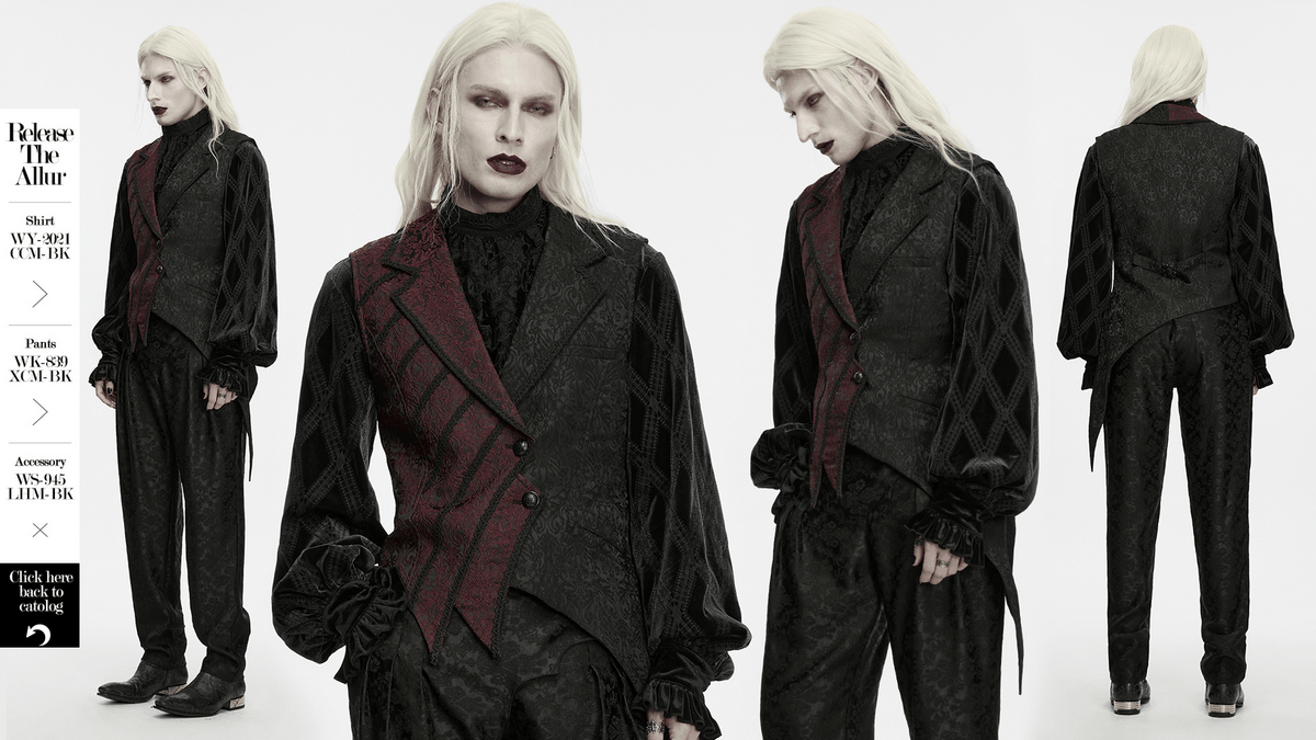 Victorian Asymmetrical Waistcoat with Diagonal Button Front, gothic model in black and red tailored styling
