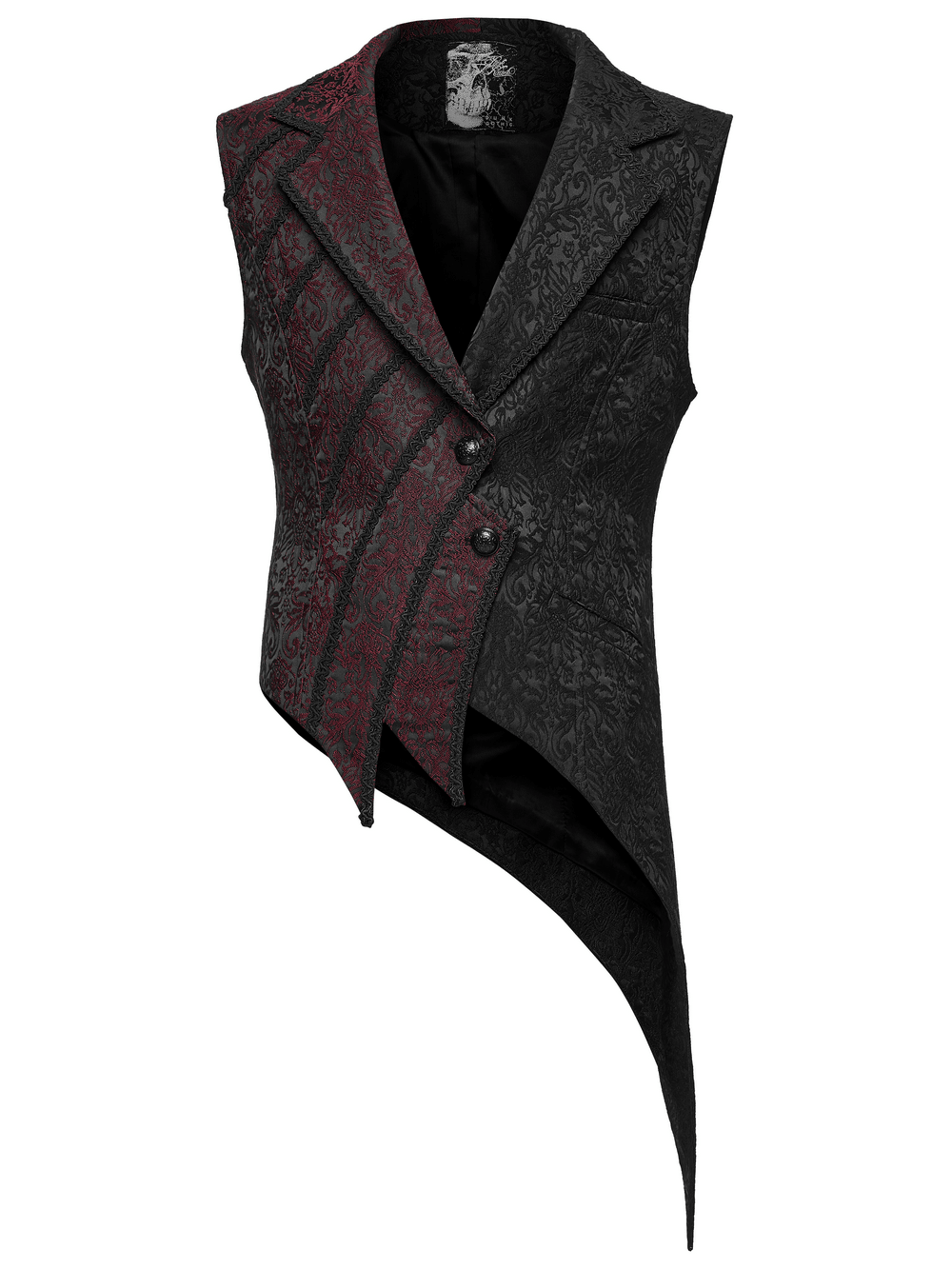 Victorian Asymmetrical Waistcoat with Diagonal Button Front, gothic brocade vest in black and red