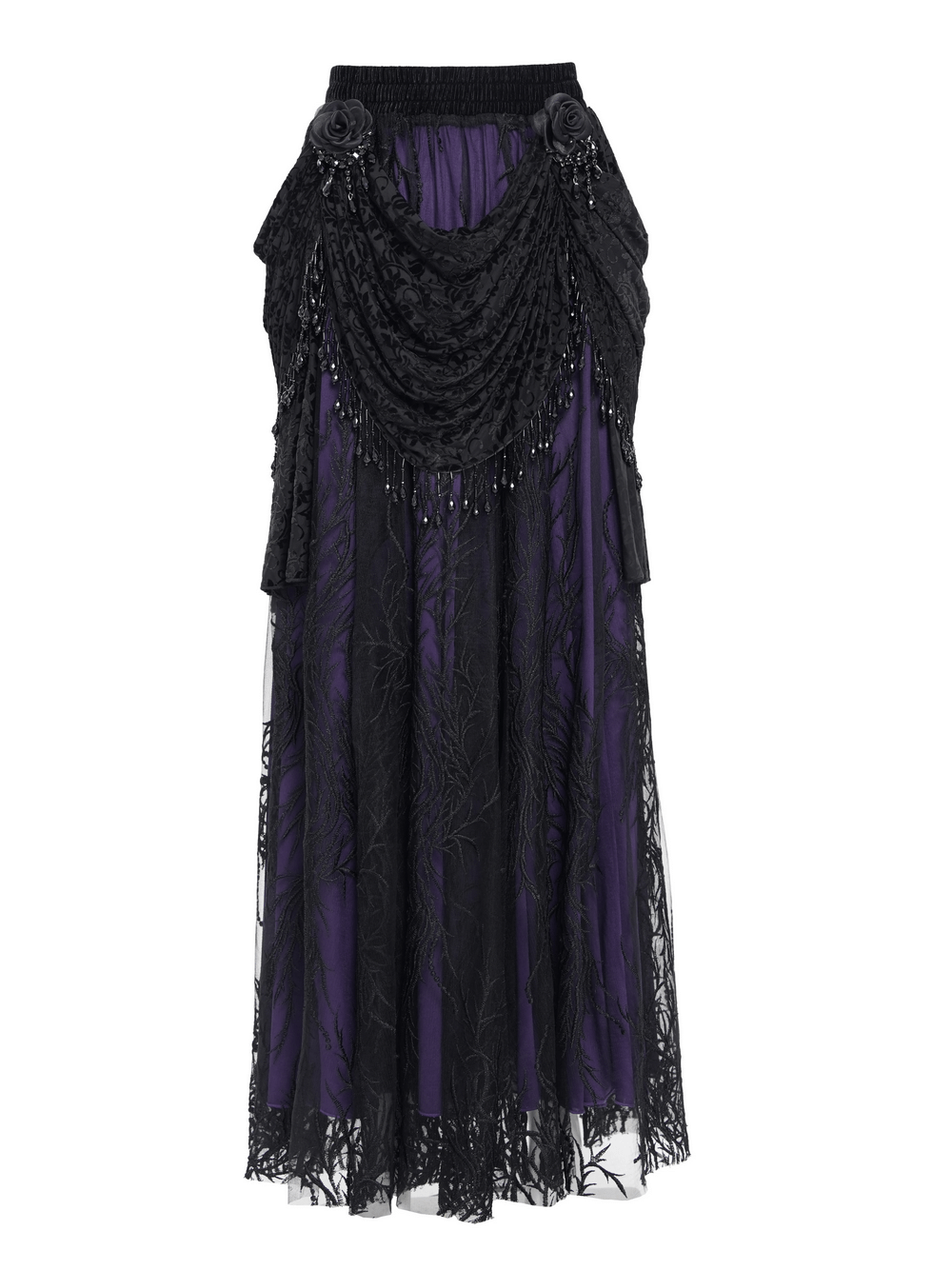 Gothic Victorian beaded overlay skirt in black and purple with floral appliqué and velvet draping.