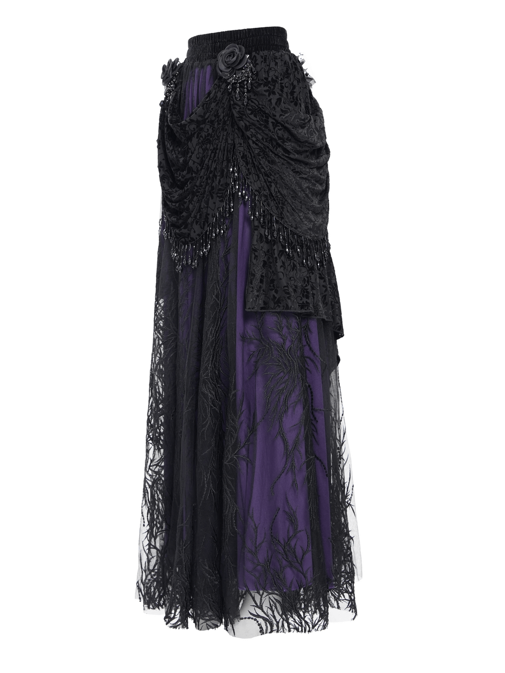 Victorian beaded overlay skirt in black and purple with floral appliqué and velvet draping, perfect for gothic fashion.