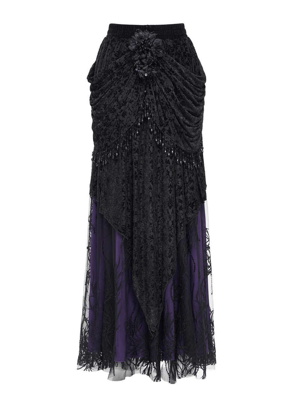 Victorian beaded overlay skirt with floral applique, gothic black and purple lace, and velvet draping.