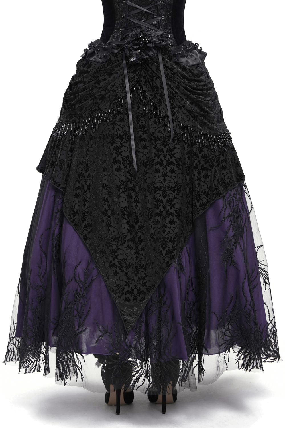 Victorian beaded overlay skirt in black and purple with floral appliques and velvet draping, perfect for gothic fashion.